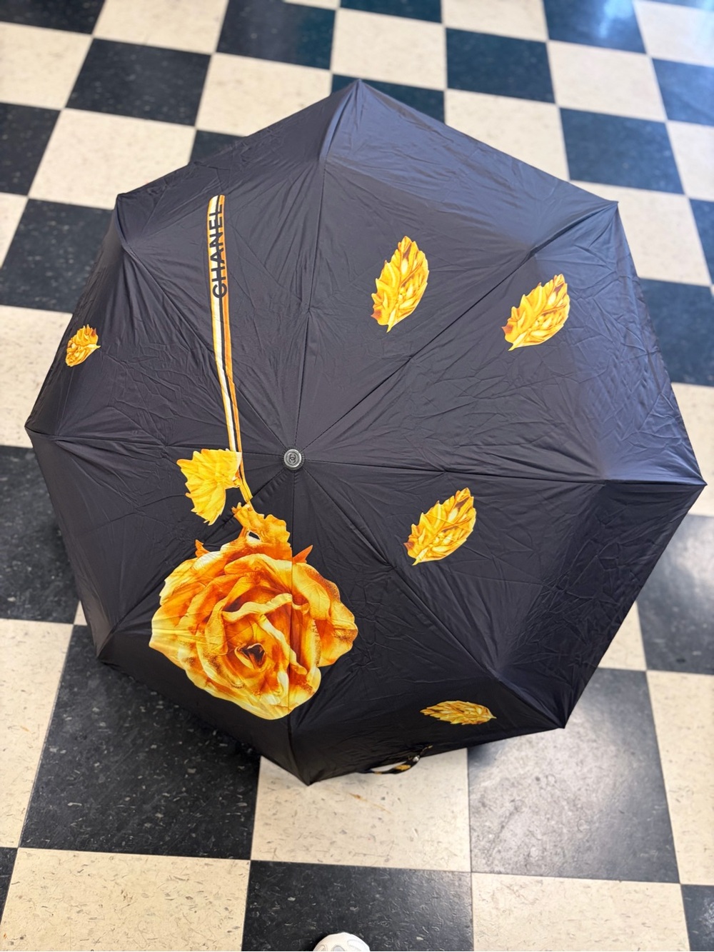 Source Unknown Black Umbrella with Yellow Rose and Leaves